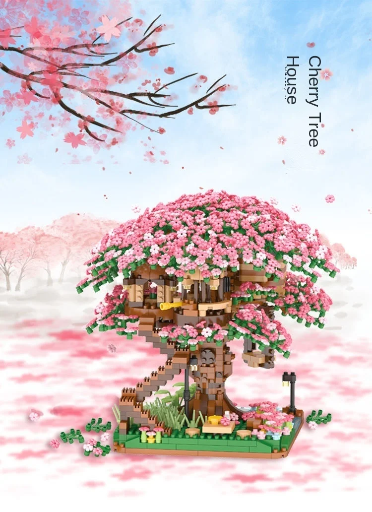Sakura Ağaç Ev Modeli Succulents Kiraz Çiçeği Oluşturucu Seti Şehir Mikro Yapı Taşı Tuğla Montessori Moc Noel Oyuncaklar . ' - ' . 3