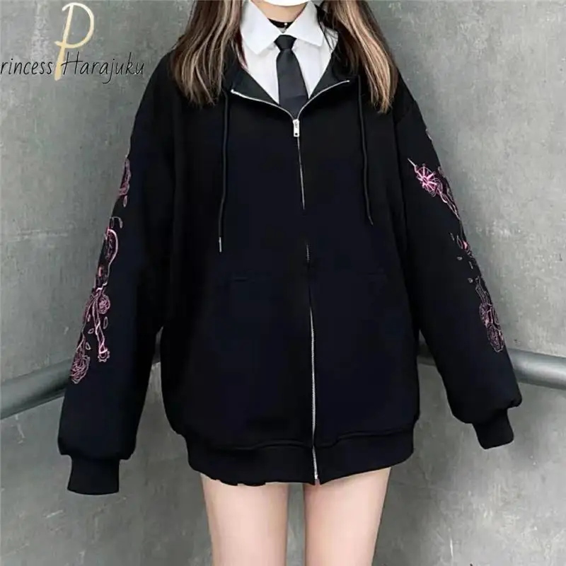 Yeni Kadın Nakış Ceket Kore Mont Gevşek Kadın Hoodie Hırka Ceket Ceket Y2k Harajuku Kadın Goth Artı Boyutu Ceket Elbise . ' - ' . 3