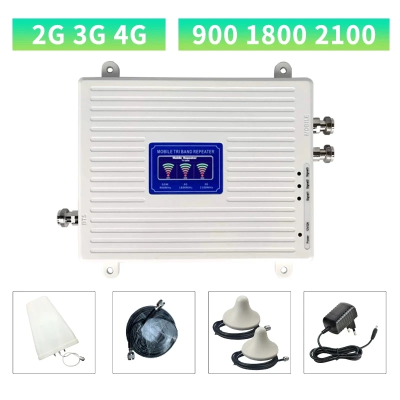 Hücresel Tekrarlayıcı GSM DCS WCDMA 900 1800 2100 Tri Band 2G 3G 4G Sinyal Güçlendirici Mobil sinyal amplifikatörü 2 Kapalı Antenler Seti . ' - ' . 1