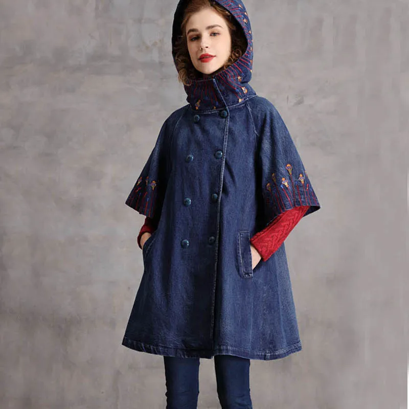 TIYIHAILEY Ücretsiz Kargo 2022 Moda Nakış Denim Kadınlar Vintage Uzun Palto Ceketler Hood İle Gevşek Pelerin Kruvaze . ' - ' . 0