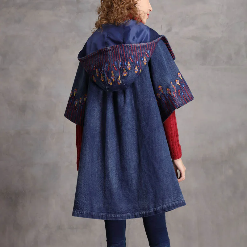 TIYIHAILEY Ücretsiz Kargo 2022 Moda Nakış Denim Kadınlar Vintage Uzun Palto Ceketler Hood İle Gevşek Pelerin Kruvaze . ' - ' . 1