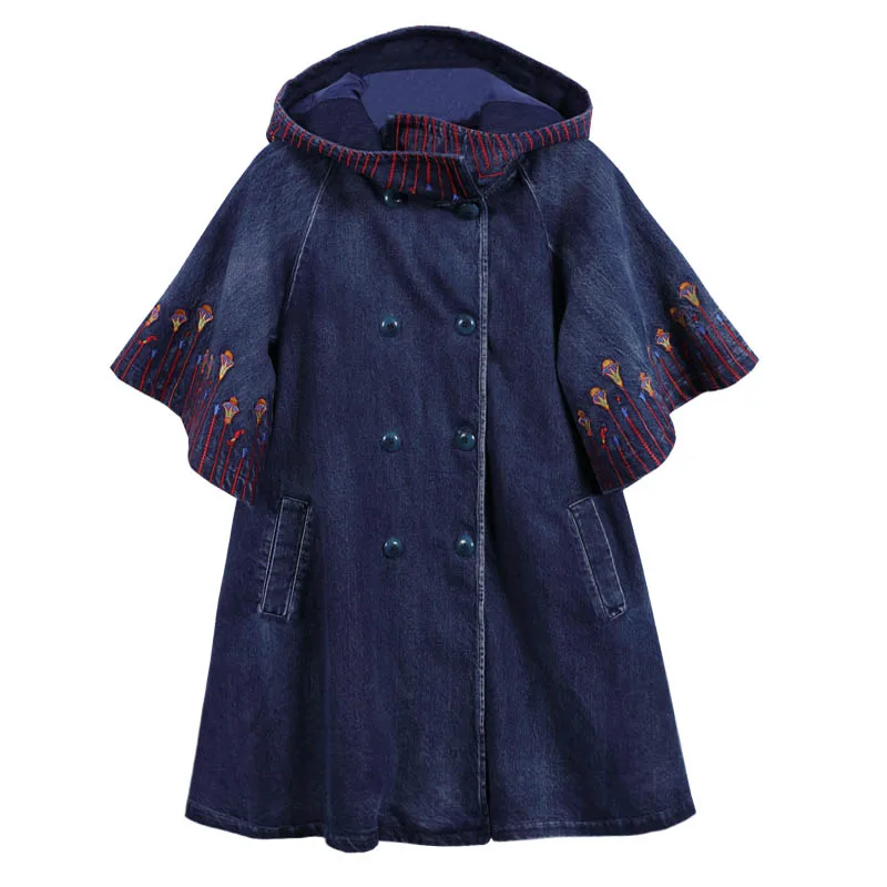 TIYIHAILEY Ücretsiz Kargo 2022 Moda Nakış Denim Kadınlar Vintage Uzun Palto Ceketler Hood İle Gevşek Pelerin Kruvaze . ' - ' . 2
