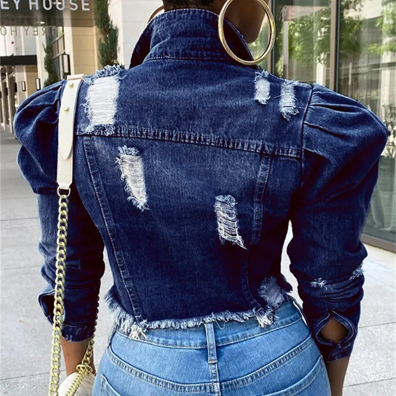 Moda Kabarcık Uzun Kollu Yaka Düğmesi Ekleme Denim Ceket Kadın Kırık Delik Püskül Giyim Trendi Streetwear kadın Ceket . ' - ' . 3