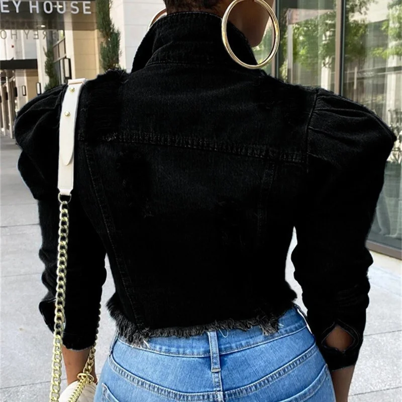 Moda Kabarcık Uzun Kollu Yaka Düğmesi Ekleme Denim Ceket Kadın Kırık Delik Püskül Giyim Trendi Streetwear kadın Ceket . ' - ' . 5