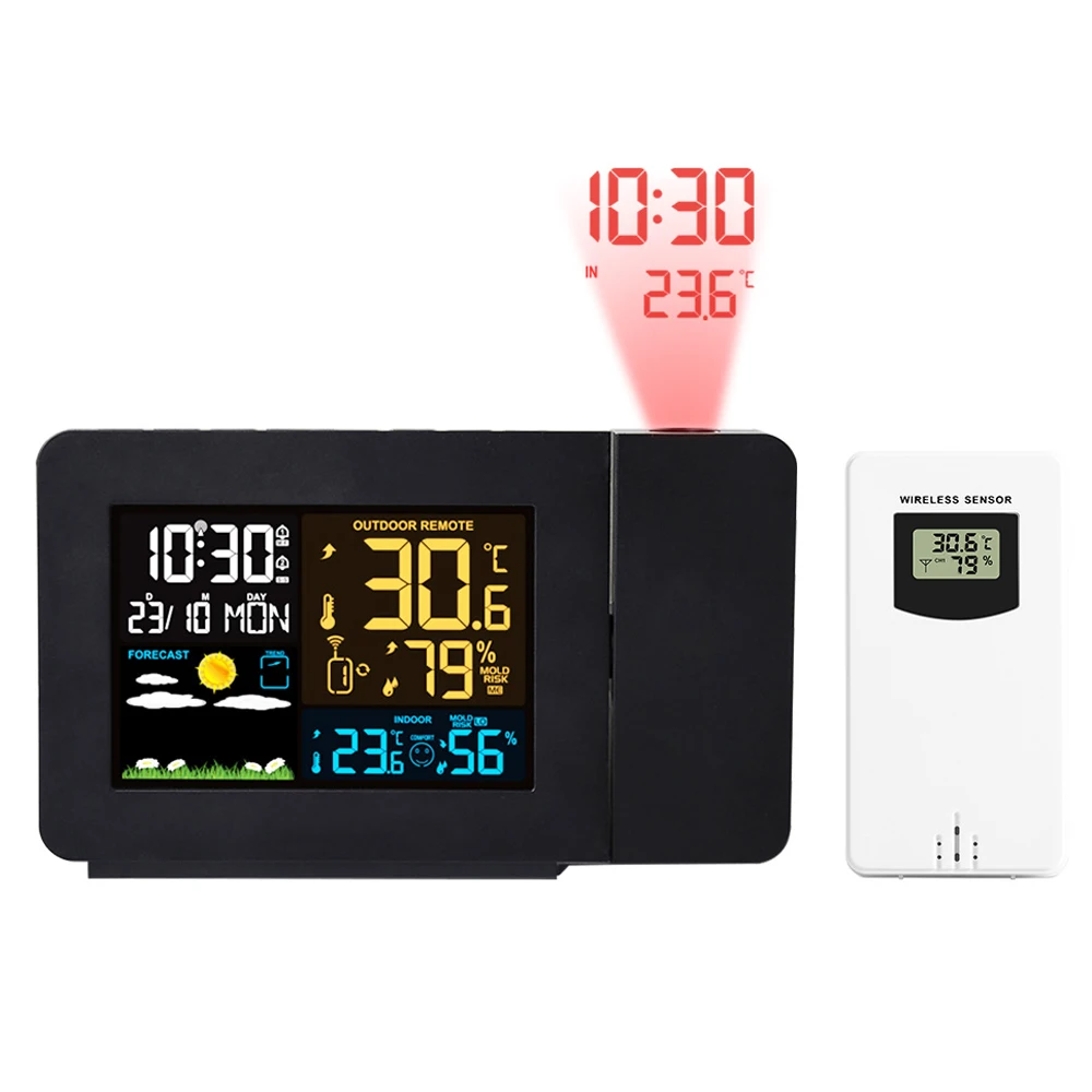 Hava İstasyonu Termometre Kablosuz Sensör Kapalı Açık Nem Ölçer dijital alarmlı saat Projeksiyon Saati Sıcaklık Higrometre . ' - ' . 0