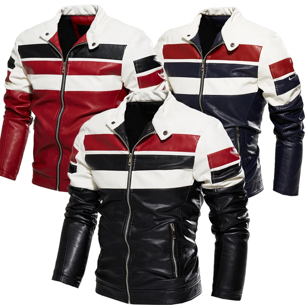 Erkek Yeni Sonbahar/Kış Ceket Kadife Sıcak Deri Ceket Eşleşen Renk PU Ceket İşlemeli Biker Deri Yıpratır . ' - ' . 0
