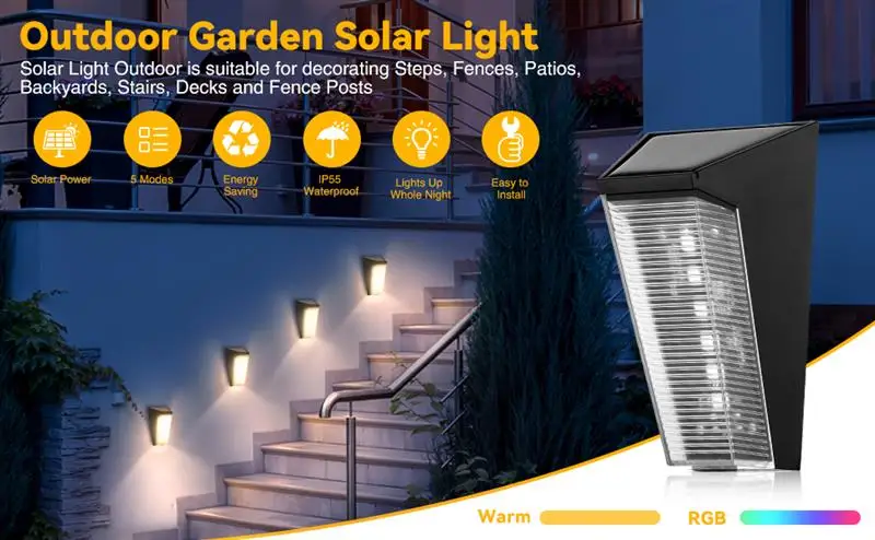 2 adet güneş duvar ışıkları açık su geçirmez duvar aplik 7 renk değiştiren ışık güverte Sundurma Yard bahçe ledi merdiven ışık lambası . ' - ' . 2