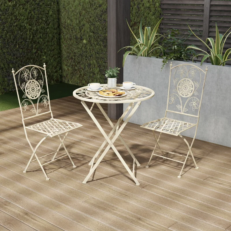 Lüks Ev Katlanır Bistro Seti-Kafes ve Çiçek Tasarımlı 3 Parçalı Masa ve Sandalyeler-Bahçe, Veranda için Dış Mekan Mobilyaları, . ' - ' . 0