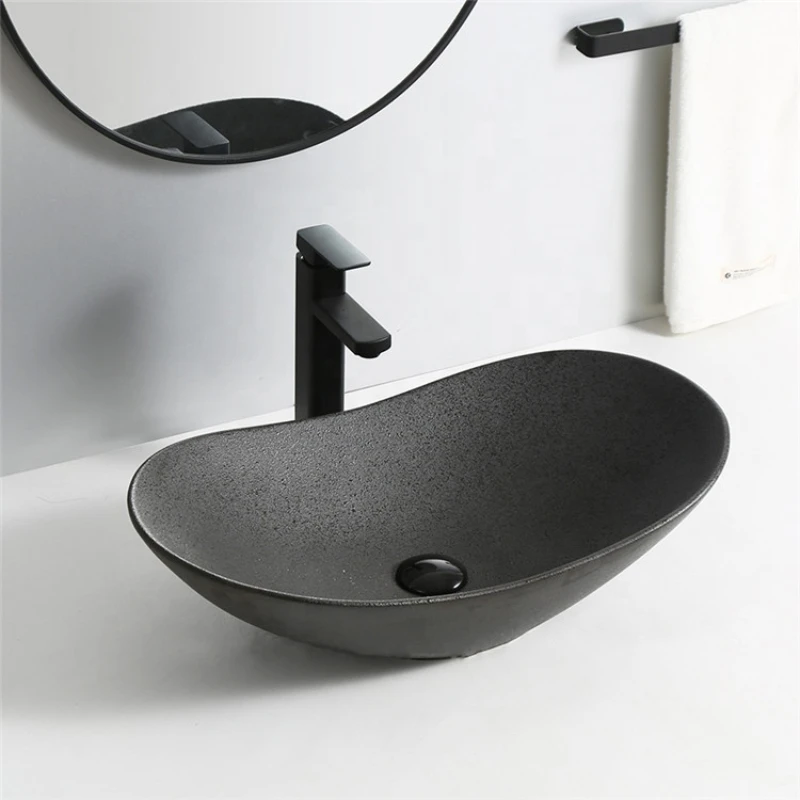 Avrupa Standart Sıhhi Tesisat Özelleştirilmiş Renk Seramik Sanatı El Lavabo Banyo Oval Mat Siyah Seramik Lavabolar . ' - ' . 0