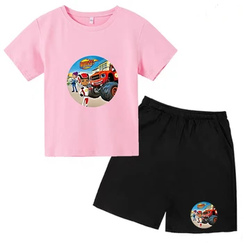 Yazlık t-shirt Disney Araba Yarışı Oyunları Kız Erkek Bebek Giyim Çocuklar Anime Baskılı Şort + Kısa Kollu 2P Rahat moda elbise