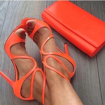 Seksi Çapraz Bağlı Yüksek Topuklu Sandalet Turuncu Siyah Kırmızı Deri Strappy Sandalet Ayak Bileği Kayışı Gladyatör yaz elbisesi Ayakkabı