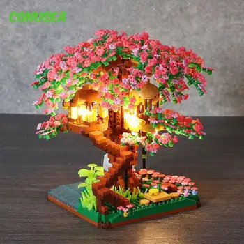 Sakura Ağaç Ev Modeli Succulents Kiraz Çiçeği Oluşturucu Seti Şehir Mikro Yapı Taşı Tuğla Montessori Moc Noel Oyuncaklar