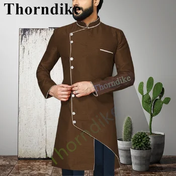 Thorndike Yeni Moda erkek Hint Tarzı Orta uzunlukta Düğün 2 parça Sağdıç Kahverengi Takım Elbise Ceket Pantolon