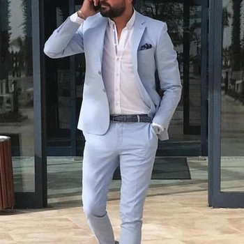 Açık Mavi Keten Yaz Erkek Takım Elbise Slim Fit 2 Parça Damat Smokin Düğün için Erkek Moda Ceket Pantolon ile Yeni Varış