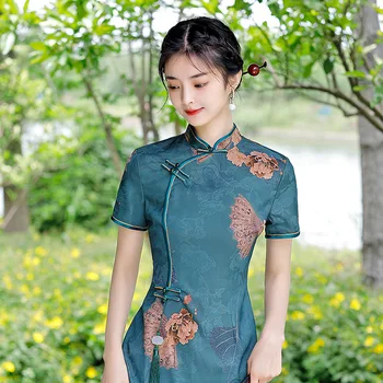 Yaz 2023 Şifon Cheongsam Geliştirilmiş Orta uzunlukta Slim Fit Zarif Qipao Ziyafet Parti Çin Tarzı Gece Elbisesi Kadınlar için