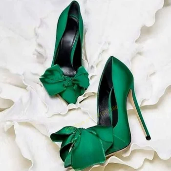 Yeşil Yay Düğüm İpek Pompaları Sığ Düğün Ayakkabı Kadınlar için Stilettos Topuklu Moda Topuk Yüksek Topuklu Ayakkabılar 2023 Zapatillas Mujer