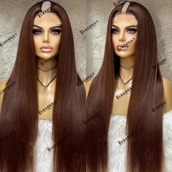 100 % İnsan Saçı Koyu Kahverengi Remy Hint Saç U Parçası Peruk Kadınlar için Makine Yapımı V Parçası İpeksi Düz 180 Yoğunluk insan saçı peruk