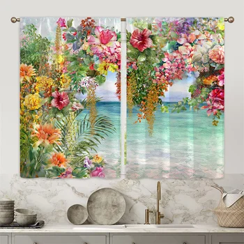 Okyanus Suluboya Çiçek Manzara Kız 3D Dijital Baskı pencere Perdeleri Çocuklar için Oturma Odası Yatak Odası banyo kapısı Mutfak Dekor