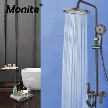 Monite Banyo Duş Seti 4 Yollu Kontrol Tabancası Gri Yuvarlak Yağış Duş Başlığı / duş başlığı Mikser Bacalı ve bide sprey Musluk Musluklar