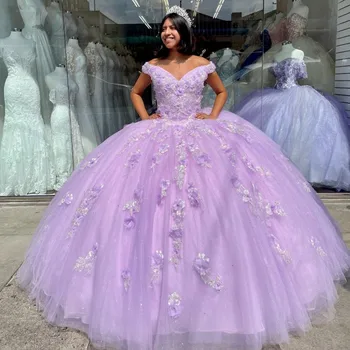 Laboum Muhteşem Lavanta Sequins Quinceanera Elbiseler Sweet15 Yıl Balo V Boyun Kapalı Omuz 3D Çiçek Kız Parti Elbise