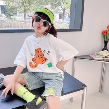 Çocuk T-shirt Kaplan Kadın Beş Çeyrek Kollu Yeni Moda Japon Basit Gevşek Trend INS Yuvarlak Boyun Yaz Tarzı
