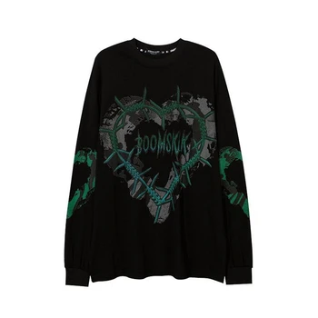 Kadın Baskı Uzun Kollu T-Shirt Kadın Grunge Boy Harajuku Streetwear Hippi O-Boyun Siyah Üst Kazak