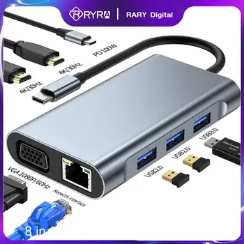RYRA 8 İn 1 USB C Hub Tipi C İçin 4 K HDMI Adaptörü İle VGA RJ45 100Mbp PD Hızlı Şarj İçin MacBook Dizüstü Dizüstü Bilgisayar Adaptörü