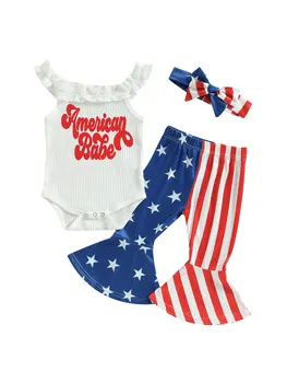 4th Temmuz Bağımsızlık Günü Bebek Kız Giysileri Çiçek Çörek Baskı Tankı Üstleri Şerit Flare Pantolon Kafa Bandı 3 Adet Set