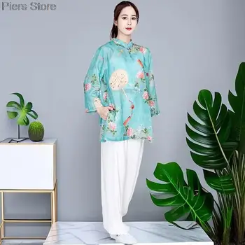 %2023 Pamuk ve Keten Tang Takım Elbise kadın Sonbahar Yeni Çin Tarzı Baskı Gevşek Üç çeyrek Kollu Çay Servisi T-shirt