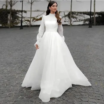 Darla Kış düğün elbisesi Kadınlar 2023 Mütevazı Uzun Kollu Vestidos De Novia Yüksek Boyun Bir Çizgi Organze gelin kıyafeti Robe De Mariée
