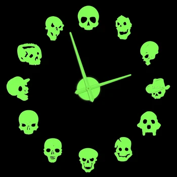 Kafatası Kafa Modern Tasarım Aydınlık duvar saati Cadılar Bayramı Korku Dekor Ölüm İskelet Kafa Gotik Tarzı kendi başına yap çıkartma Büyük İzle