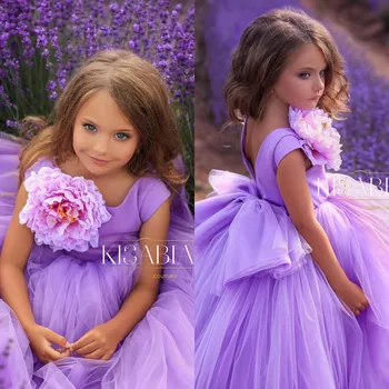Lavnder Çiçek Kız Elbise Çiçek Prenses Çocuklar İlk Communion Kat Uzunluk balo elbisesi Toddler Vaftiz Elbise