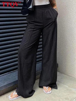 TTQV Zarif Siyah Çizgili Baskı kadın pantolonları 2023 Sonbahar Yeni Yüksek Belli Geniş Bacak Pantolon Ofis Bayan Rahat Kat Uzunlukta Pantolon
