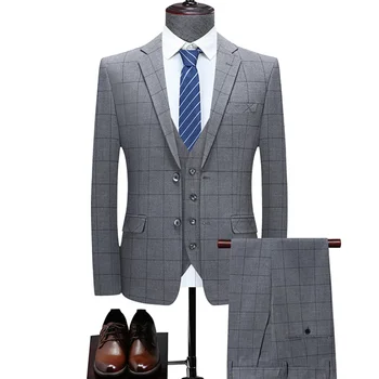 (Blazer + Yelek + Pantolon )yüksek Kalite Moda Erkek Ekose Rahat takım elbise High-end Sosyal resmi kıyafet 3 Adet Set Damat Düğün