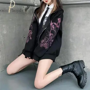 Yeni Kadın Nakış Ceket Kore Mont Gevşek Kadın Hoodie Hırka Ceket Ceket Y2k Harajuku Kadın Goth Artı Boyutu Ceket Elbise