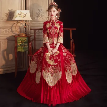 Vintage Gelin Phoenix Nakış Cheongsam Çin Tarzı Geleneksel düğün elbisesi Kadın Oryantal Qi Pao Boyutu S-XXL