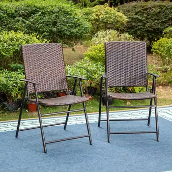 MF Studio 2 Parça Veranda Hasır Katlanır Yemek Sandalyeleri Metal Çerçeveli, Koyu Kahverengi