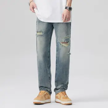 Yırtık kot erkek düz tüp yaz gevşek düz pantolon Amerikan tarzı yıkanmış yüksek sokak erkek açık renkli pantolon