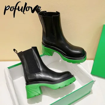 Pofulove Kadın Çizmeler Chelsea Çizmeler Kış yüksek topuklu ayakkabı Goth Ayakkabı Siyah Deri Ayak Bileği Patik Moda Sıcak Botas üzerinde Kayma