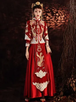 Geleneksel Vintage Qipao Tost Giyim kadın Çin Tarzı düğün elbisesi Kırmızı Phoenix Nakış Cheongsam
