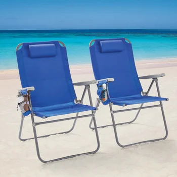 2-Pack Dayanakları Uzanmış 4 Pozisyonlu Büyük Boy Plaj sandalyesi, Mavi bahçe mobilyaları bahçe bankı