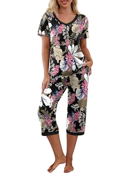 Kadın Çiçek Baskı Kısa Kollu Pijama Seti Elastik kapri pantolonlar Rahat Loungewear Yumuşak Pijama ve Gecelik