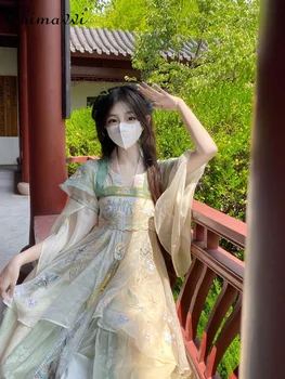 2023 Yaz Kısa Gömlek askı elbise İşlemeli Elbise Kadınlar İçin Tatlı Çin Geleneksel Elbise Hanfu Elbise Çin Hanfu
