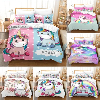 Karikatür Unicorn Yorgan yatak örtüsü seti Kral / Kraliçe Boyutu 2/3 Adet Sevimli Pembe Mavi Peri Masalı Hayvanlar polyester yatak seti Kızlar için çocuklar