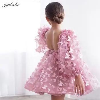 Güzel Pembe Kabarık Kollu Çiçek Kız Elbise Düğün İçin 2023 3D Kelebek Aplikler Backless Doğum Günü Partisi İlk Communion elbise