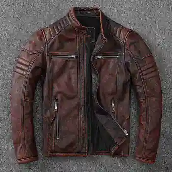 Vintage Motosiklet Ceketler Erkek Deri Ceket 100 % Hakiki Inek Derisi Ceket Erkek Biker Giyim Sonbahar Asya Boyutu S-5XL M696