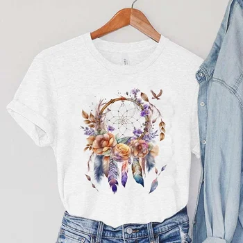 Yeni Dreamcatcher Baskı T Shirt Rahat kısa kollu tişört Kadın Moda Rüzgar Çanları Grafik Baskı Tees Tops