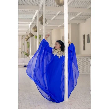 Kraliyet Mavi Fas Kaftan Arapça Giyim Abaya Maxi El Yapımı Boncuklu Uzun Elbise Elbise