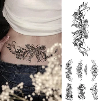 Seksi Kına Kelebek Lotus Çiçekleri Totem Su Geçirmez Geçici Dövmeler Sticker Flaş Dövme Bel Kadınlar Sahte Dövme Vücut Sanatı Erkekler