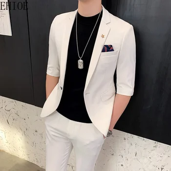 (Jackt Pantolon) 2023 Erkek Takım Elbise Yarım Kollu İlkbahar Yaz İnce İngiliz Kısa Kollu Blazer Ceket Trend Erkek Tasarımcı Smokin 2 Adet Set